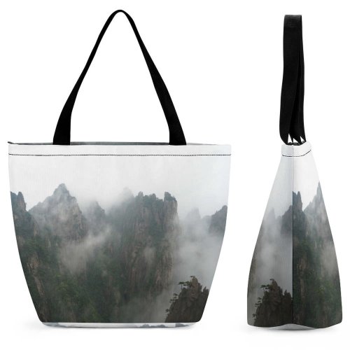 Yanfind Shopping Bag for Ladies Fog Outdoors Grey Mist Plant Tree National Park Mount China Huangshan Reusable Multipurpose Heavy Duty Grocery Bag for Outdoors.