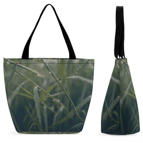 Yanfind Shopping Bag for Ladies Grass Flora Plant Leaves Foliage Macro Drops Dew Leaf Grey Reusable Multipurpose Heavy Duty Grocery Bag for Outdoors.