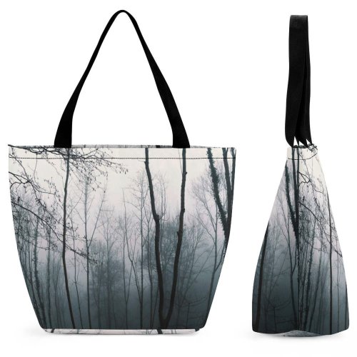 Yanfind Shopping Bag for Ladies Fog Outdoors Mist Atmosphere Dark Spooky Moody Car Forest Tree Grey Stock Reusable Multipurpose Heavy Duty Grocery Bag for Outdoors.