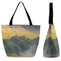 Yanfind Shopping Bag for Ladies Fog Lake Mountainous Landforms Highland Atmospheric Sky Mist Range Natural Landscape Reusable Multipurpose Heavy Duty Grocery Bag for Outdoors.