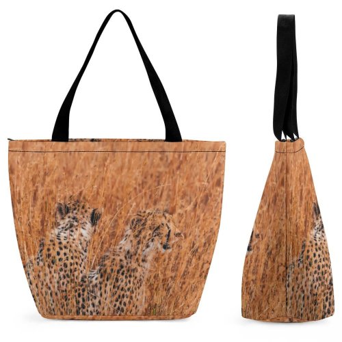 Yanfind Shopping Bag for Ladies Grass Field Flora Plant Cheetah Wildlife Kenya Hunt Wait Pair Spot Wheat Reusable Multipurpose Heavy Duty Grocery Bag for Outdoors.