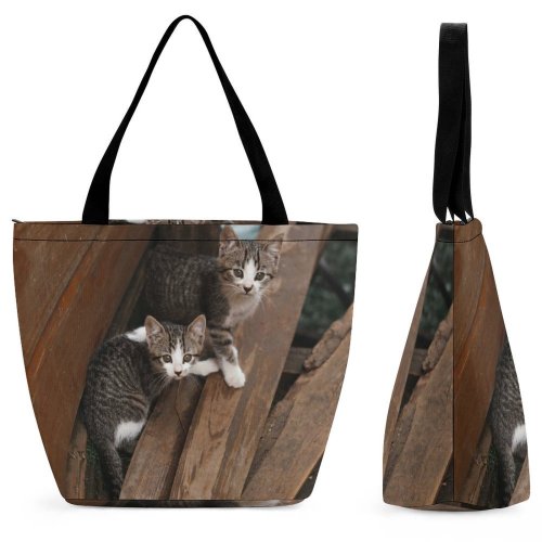 Yanfind Shopping Bag for Ladies Young Stripe Pet Funny Family Kitten Wood Portrait Curiosity Cute Little Cat Reusable Multipurpose Heavy Duty Grocery Bag for Outdoors.