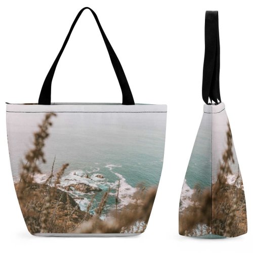 Yanfind Shopping Bag for Ladies Grass Plant Sea Usa Outdoors Landscape Land Promontory Ocean Shoreline Big Sur Reusable Multipurpose Heavy Duty Grocery Bag for Outdoors.