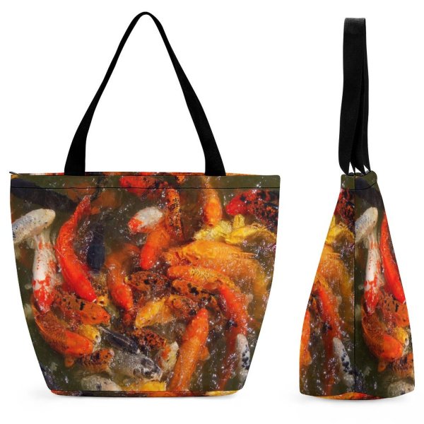Yanfind Shopping Bag for Ladies Koi Fish Japanese Garden Pond Platform Swim Carp Feeding Feed Cuisine Reusable Multipurpose Heavy Duty Grocery Bag for Outdoors.