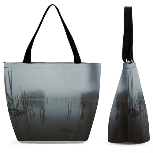 Yanfind Shopping Bag for Ladies Grey Outdoors Fog Mist Birds Jungle Wild Forest Scenery Reflection Reusable Multipurpose Heavy Duty Grocery Bag for Outdoors.
