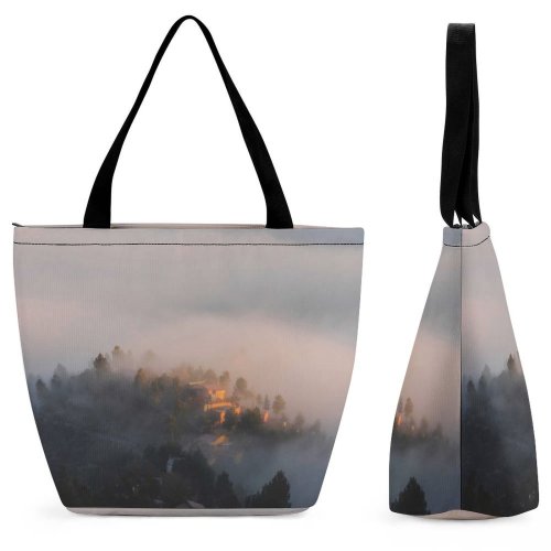 Yanfind Shopping Bag for Ladies Fog Mist Outdoors Golden Sunrise Spain Buildings Cloud Grey Stock Reusable Multipurpose Heavy Duty Grocery Bag for Outdoors.