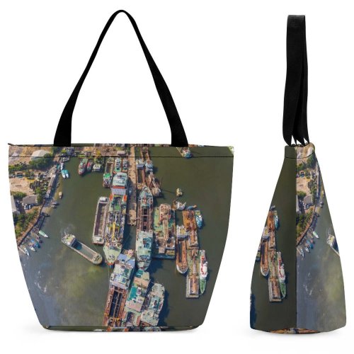 Yanfind Shopping Bag for Ladies Above Drone From Ships Harbor Bird's Watercrafts Aerial Shot Reusable Multipurpose Heavy Duty Grocery Bag for Outdoors.