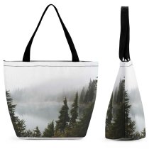Yanfind Shopping Bag for Ladies Fog Tree Mist Abies Conifer Fir Flora Plant Outdoors Kwai Lake Reusable Multipurpose Heavy Duty Grocery Bag for Outdoors.