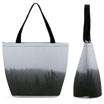 Yanfind Shopping Bag for Ladies Grey Fog Tree Forest Woodland Silhouette Mist Cloud Outdoors Landscape Horizon Misty Reusable Multipurpose Heavy Duty Grocery Bag for Outdoors.
