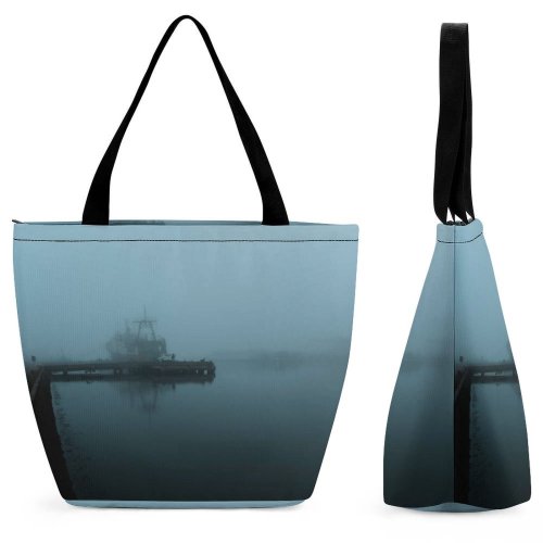 Yanfind Shopping Bag for Ladies Fog Outdoors Grey Boat Aveiro Portugal Mist Waterfront Dock Pier Port Transportation Reusable Multipurpose Heavy Duty Grocery Bag for Outdoors.
