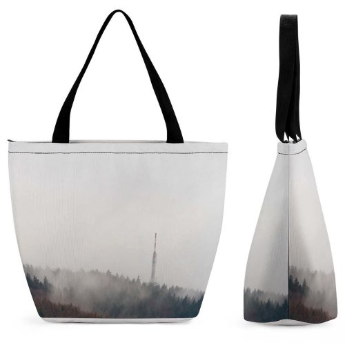 Yanfind Shopping Bag for Ladies Grey Fog Outdoors Mist Zlín Esko Architecture Building Spire Steeple Cloud Reusable Multipurpose Heavy Duty Grocery Bag for Outdoors.