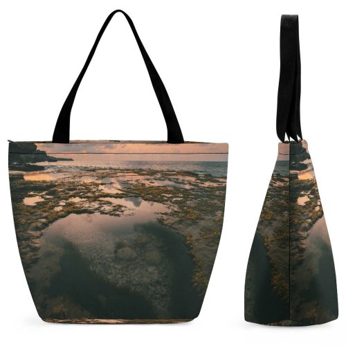 Yanfind Shopping Bag for Ladies Afterglow Scenery Surf Clouds Sunset Oceanside Beach Peaceful Sunrise Tranquil Scenic Outdoors Reusable Multipurpose Heavy Duty Grocery Bag for Outdoors.