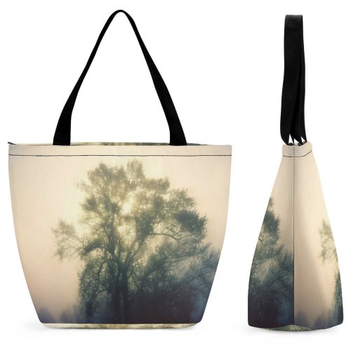 Yanfind Shopping Bag for Ladies Fog Outdoors Mist Tree Light Silhouette Foggy Plant Reusable Multipurpose Heavy Duty Grocery Bag for Outdoors.
