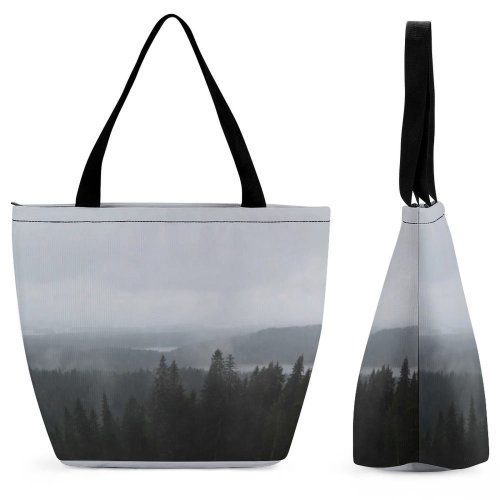 Yanfind Shopping Bag for Ladies Grey Outdoors Fog Mist Tree Plant Hill Scenery Landscape Crown Top Dull Reusable Multipurpose Heavy Duty Grocery Bag for Outdoors.