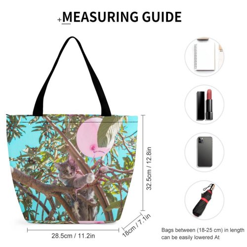 Yanfind Shopping Bag for Ladies Young Tree Kitty Outdoors Balloon Shot Tabby Garden Wood Cute Little Branch Reusable Multipurpose Heavy Duty Grocery Bag for Outdoors.