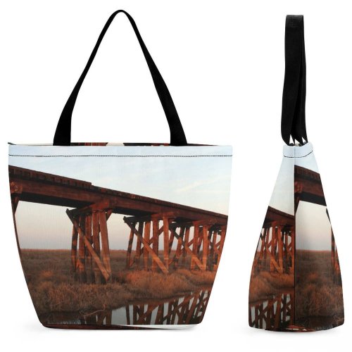 Yanfind Shopping Bag for Ladies Train Field Pond Tracks Girder Trestle Truss Beam Nonbuilding Structure Burr Reusable Multipurpose Heavy Duty Grocery Bag for Outdoors.