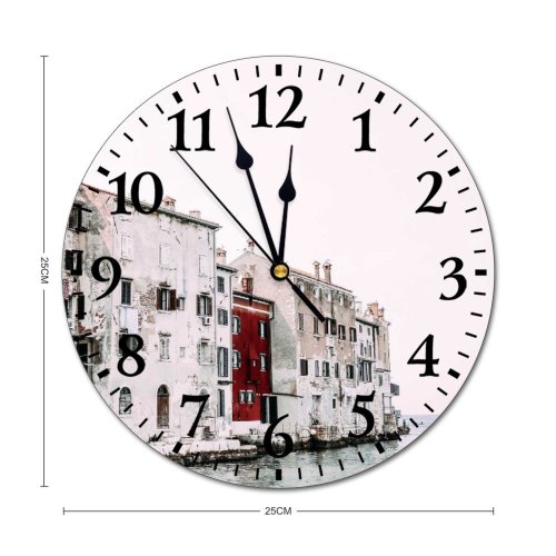 yanfind Fashion PVC Wall Clock Accommodation Aged Architecture Boat Building Canal City Cityscape Clear Cloudless Condominium Damage Mute Suitable Kitchen Bedroom Decorate Living Room