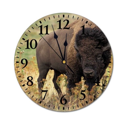 yanfind Fashion PVC Wall Clock Bison Dark Endangered Fur Grass Grazing Horns Wild Wildlife Mute Suitable Kitchen Bedroom Decorate Living Room