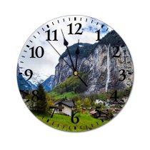 yanfind Fashion PVC Wall Clock Admire Breathtaking Chalet Cloudy Cottage Countryside Destination Dwell Exterior Forest Grassy Highland Mute Suitable Kitchen Bedroom Decorate Living Room