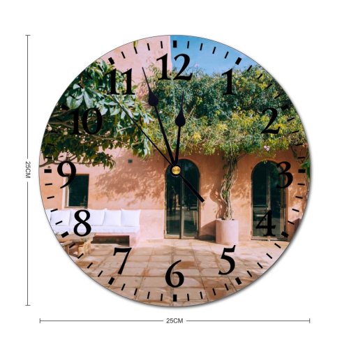 yanfind Fashion PVC Wall Clock Aged Arch Architecture Bench Sky Building Chair Cloudy Comfort Space Courtyard Cushion Mute Suitable Kitchen Bedroom Decorate Living Room