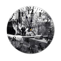 yanfind Fashion PVC Wall Clock Attentive Balcony Border Brick Building Bw Cat Countryside Fauna Fence Fluff Mute Suitable Kitchen Bedroom Decorate Living Room