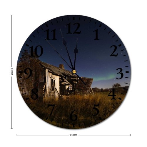 yanfind Fashion PVC Wall Clock Abandoned Aged Ancient Aurora Borealis Barn Cloudless Countryside Damage Farmland Field Grassland Mute Suitable Kitchen Bedroom Decorate Living Room