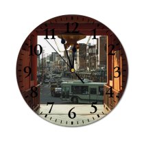 yanfind Fashion PVC Wall Clock Aged Ancient Architecture Auto Belief Blurred Car City Daytime Direction District Mute Suitable Kitchen Bedroom Decorate Living Room