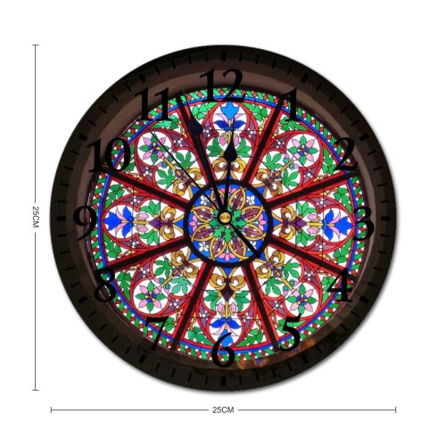 yanfind Fashion PVC Wall Clock Architecture Art Building Church Window Glass Stained Mute Suitable Kitchen Bedroom Decorate Living Room