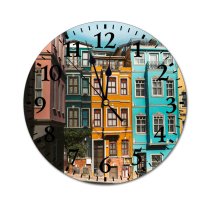 yanfind Fashion PVC Wall Clock Apartment Buildings Architecture Sky Colours Building Exterior Colorful Colourful Commerce Empty Road Mute Suitable Kitchen Bedroom Decorate Living Room
