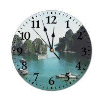 yanfind Fashion PVC Wall Clock Bay Boats Dock Halong Lake Mountains Ocean Rocky Sea Ships Mute Suitable Kitchen Bedroom Decorate Living Room