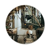 yanfind Fashion PVC Wall Clock Bone Books Dead Death Gothic Halloween Horror Retro Rough Rusty Scary Skull Mute Suitable Kitchen Bedroom Decorate Living Room