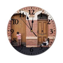 yanfind Fashion PVC Wall Clock Architecture Boys Brick Wall Bricks Brother Brothers Building Children Depressed Door Doorway Mute Suitable Kitchen Bedroom Decorate Living Room