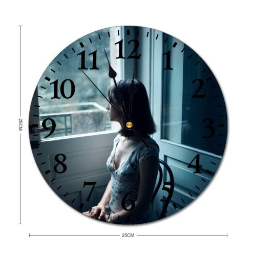 yanfind Fashion PVC Wall Clock Brunette Calm Chair Concept Contemplate Door Doorway Dreamy Entrance Female Feminine Gaze Mute Suitable Kitchen Bedroom Decorate Living Room