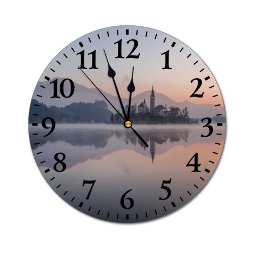 yanfind Fashion PVC Wall Clock Architecture Beautiful Bled Building Church Dawn Daylight Dusk Europe Evening Fog Foggy Mute Suitable Kitchen Bedroom Decorate Living Room