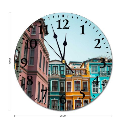yanfind Fashion PVC Wall Clock Apartment Buildings Architecture Sky Colours Building Exterior Colorful Colourful Commerce Istanbul Old Mute Suitable Kitchen Bedroom Decorate Living Room