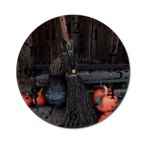 yanfind Fashion PVC Wall Clock Autumn Dark Door Halloween October Pumpkins Rustic Seasonal Spooky Still Trick Mute Suitable Kitchen Bedroom Decorate Living Room