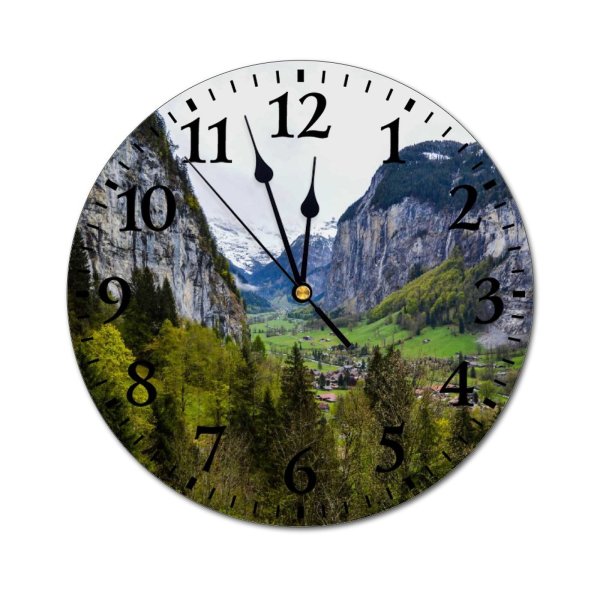 yanfind Fashion PVC Wall Clock Admire Alpine Altitude Breathtaking Cascade Cliff Cloudy Coniferous Countryside Destination Evergreen Forest Mute Suitable Kitchen Bedroom Decorate Living Room