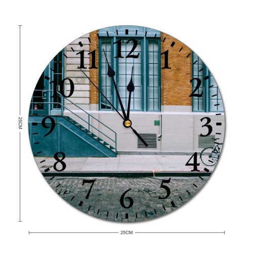 yanfind Fashion PVC Wall Clock Architecture Building City Cobblestone Construction Contemporary Daytime District Door Entrance Exterior Facade Mute Suitable Kitchen Bedroom Decorate Living Room