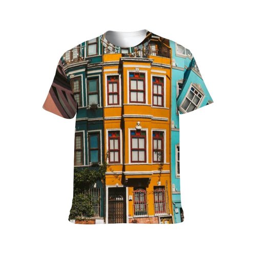 yanfind Adult Full Print T-shirts (men And Women) Apartment Buildings Architecture Sky Colours Building Exterior Colorful Colourful Commerce Empty Road
