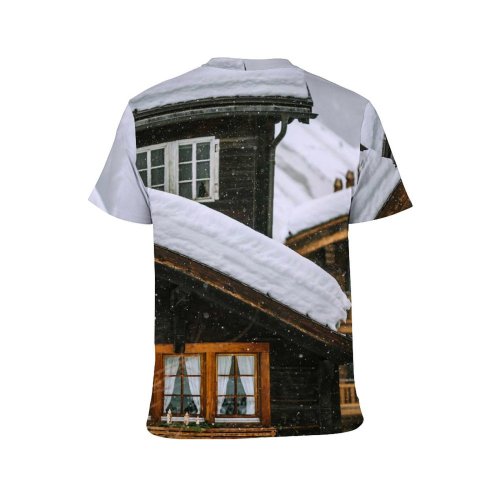 yanfind Adult Full Print T-shirts (men And Women) Blizzard Calm Cloudy Cottage Countryside Daytime Dwell Estate Exterior Facade Frost