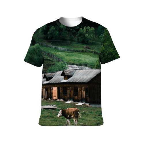 yanfind Adult Full Print T-shirts (men And Women) Wood Landscape Agriculture Farm Grass Hut Fence Home Outdoors Cow Rural Family