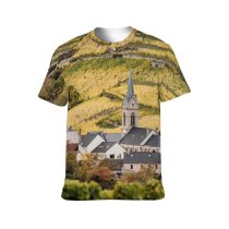 yanfind Adult Full Print T-shirts (men And Women) Architecture Building Calm Church Cottage Country Countryside Exterior Farm Field Hill