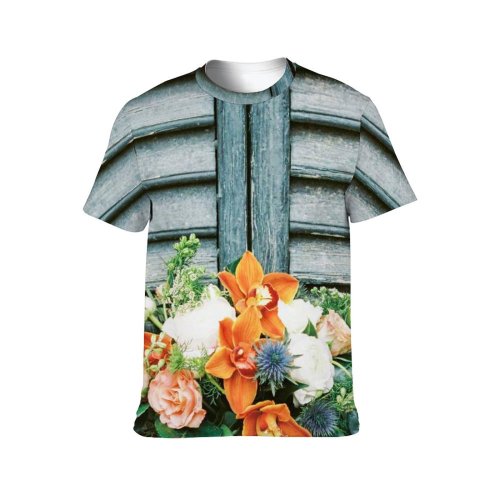 yanfind Adult Full Print T-shirts (men And Women) Wood Texture Wall Garden Leaf Architecture Door Rustic Flower Wooden Design Decoration