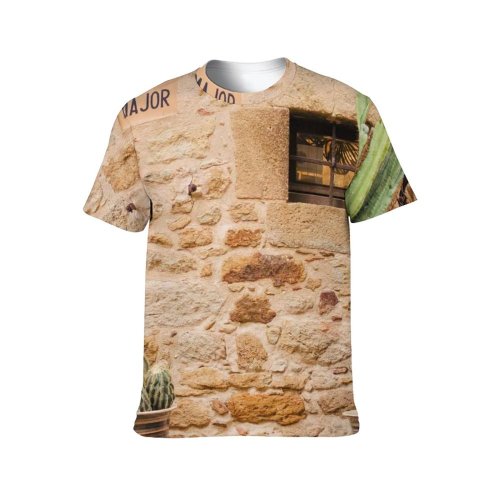 yanfind Adult Full Print T-shirts (men And Women) Building Wall Leaf Architecture Travel Rustic Outdoors Stone Rural Retro Traditional Family
