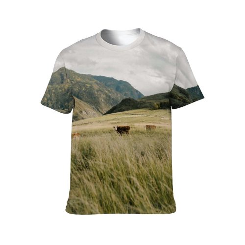 yanfind Adult Full Print T-shirts (men And Women) Landscape Field Summer Hill Farm Grass Travel Grassland Outdoors Cow Scenic