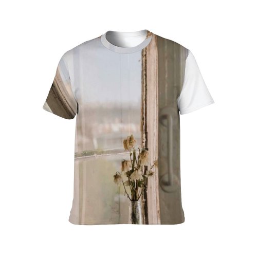 yanfind Adult Full Print T-shirts (men And Women) Dried Flowers Glass Vase Light Room Rusty Used Vintage Window Wooden