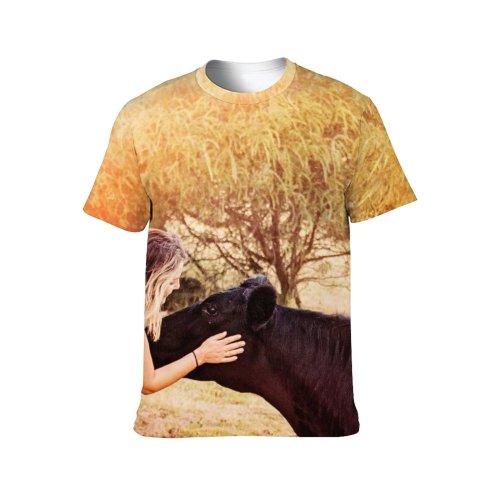yanfind Adult Full Print T-shirts (men And Women) Beautiful Cow Daylight Farm Female Field Girl Grass Happiness Love Pretty Tree