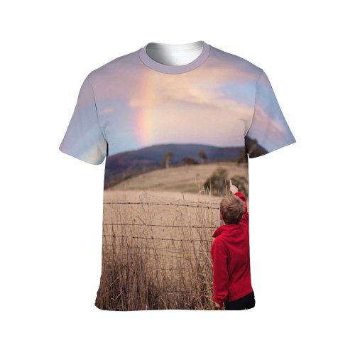 yanfind Adult Full Print T-shirts (men And Women) Boy Child Country Fence Field Grass Hands Kid Landscape Little Outdoors