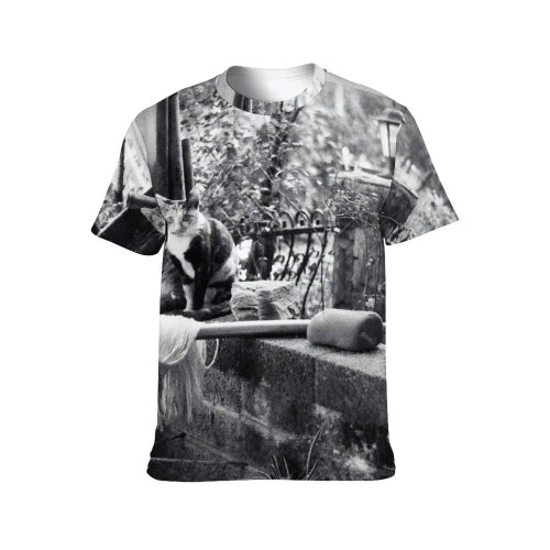 yanfind Adult Full Print T-shirts (men And Women) Attentive Balcony Border Brick Building Bw Cat Countryside Fauna Fence Fluff