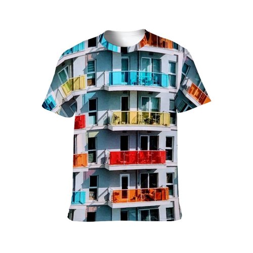 yanfind Adult Full Print T-shirts (men And Women) City Building Construction Architecture Window Balcony Apartment Outdoors Urban Family Facade